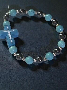 Turquoise  Jesus Cross Beaded Bracelet -  Turquoise & Hematite